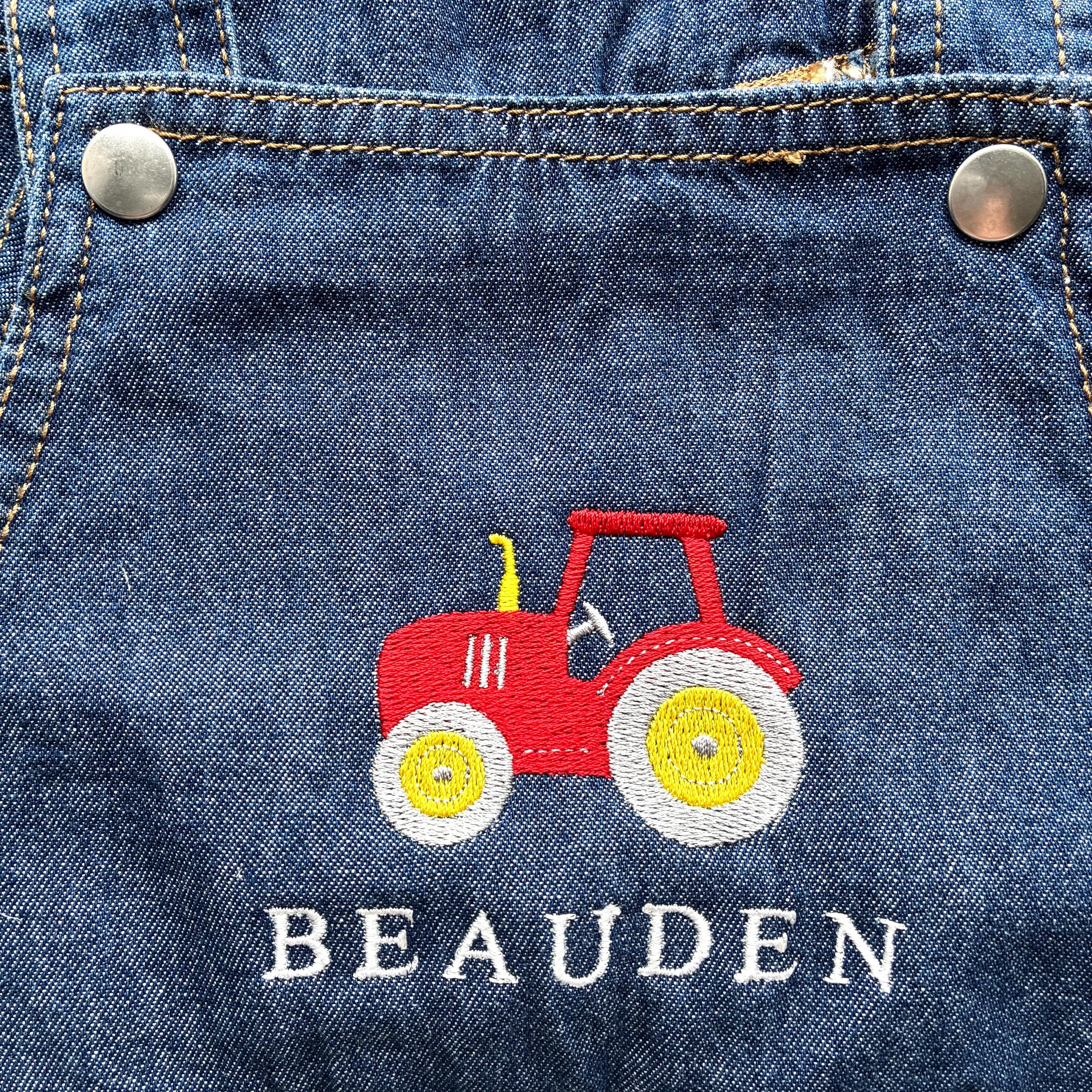 Embroidered Personalised Name Baby & Toddler Cotton Denim Dungarees Custom Text Farm Tractor Boys Gift
