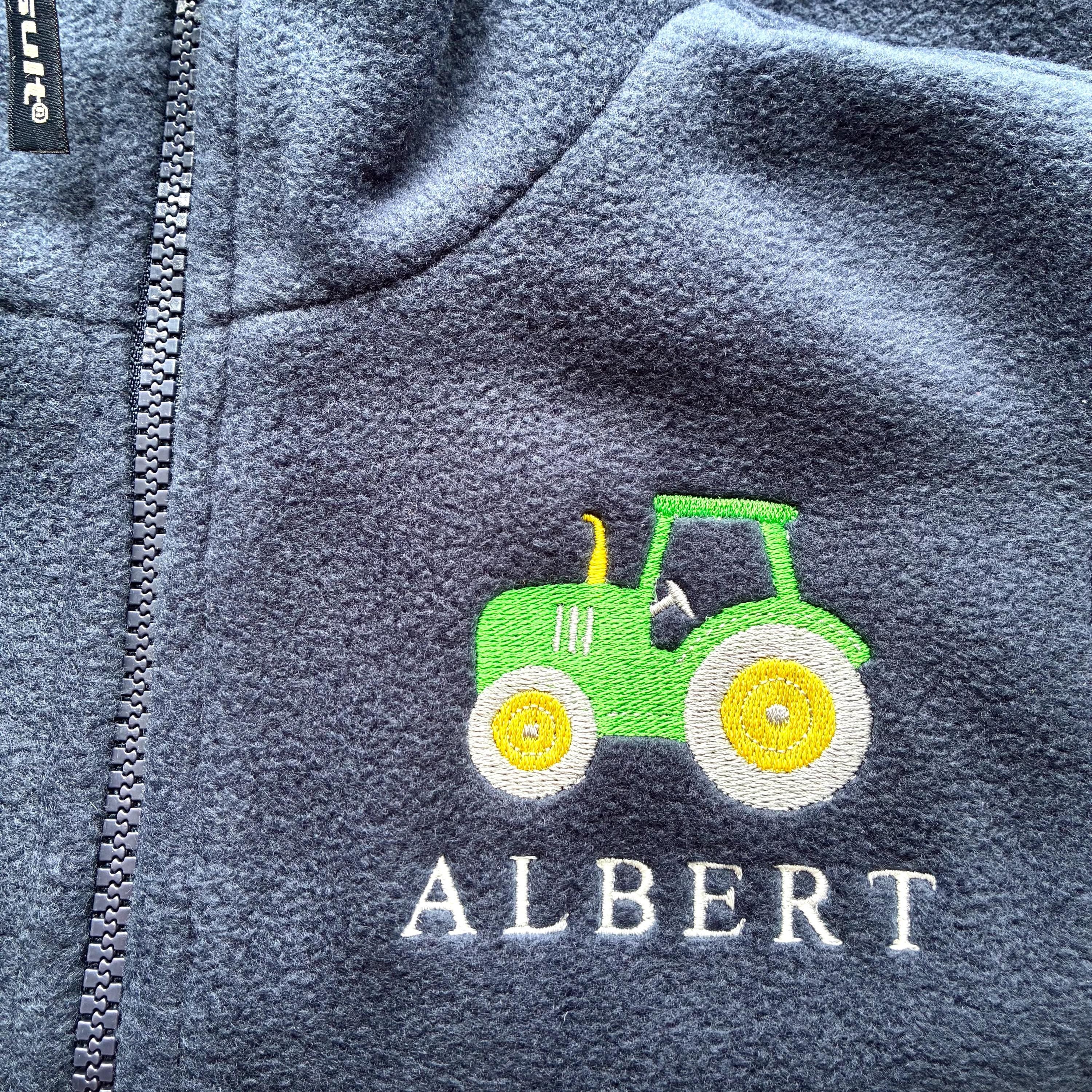 Embroidered Tractor Personalised Name Boys Fleece Bodywarmer Navy Kids Custom Text Jacket Farm Coat