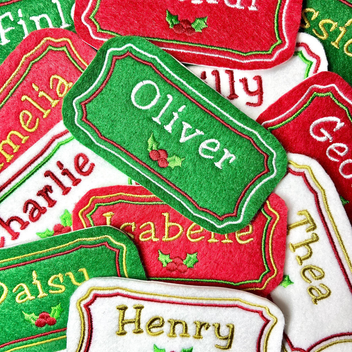 Personalised Embroidered Name Patch Christmas Stocking Tags Iron On & Sew On Custom Text Badge