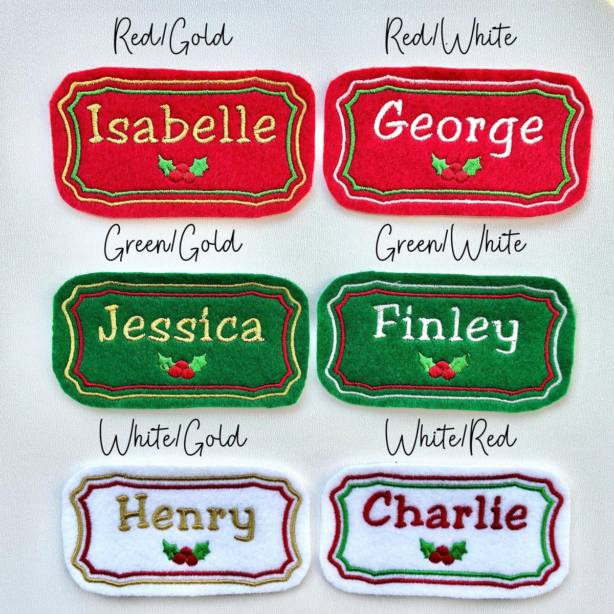 Personalised Embroidered Name Patch Christmas Stocking Tags Iron On & Sew On Custom Text Badge