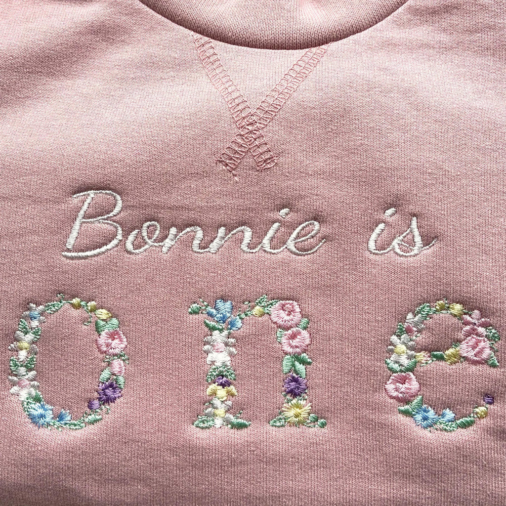 Embroidered Personalised Name Is One Floral Baby and Toddler Girls Pink Sustainable Sweatshirts 1st Birthday Party Outfit Gift