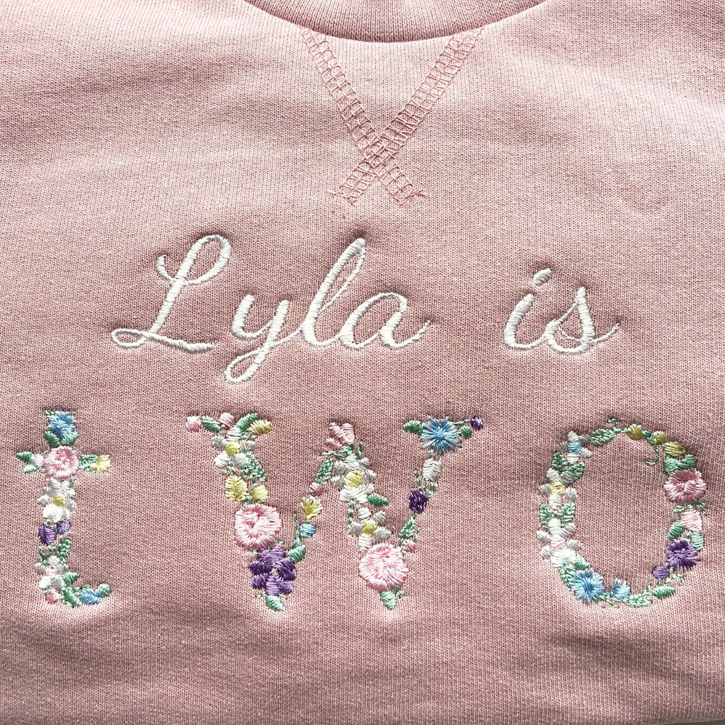 Embroidered Personalised Name Is One Floral Baby and Toddler Girls Pink Sustainable Sweatshirts 1st Birthday Party Outfit Gift