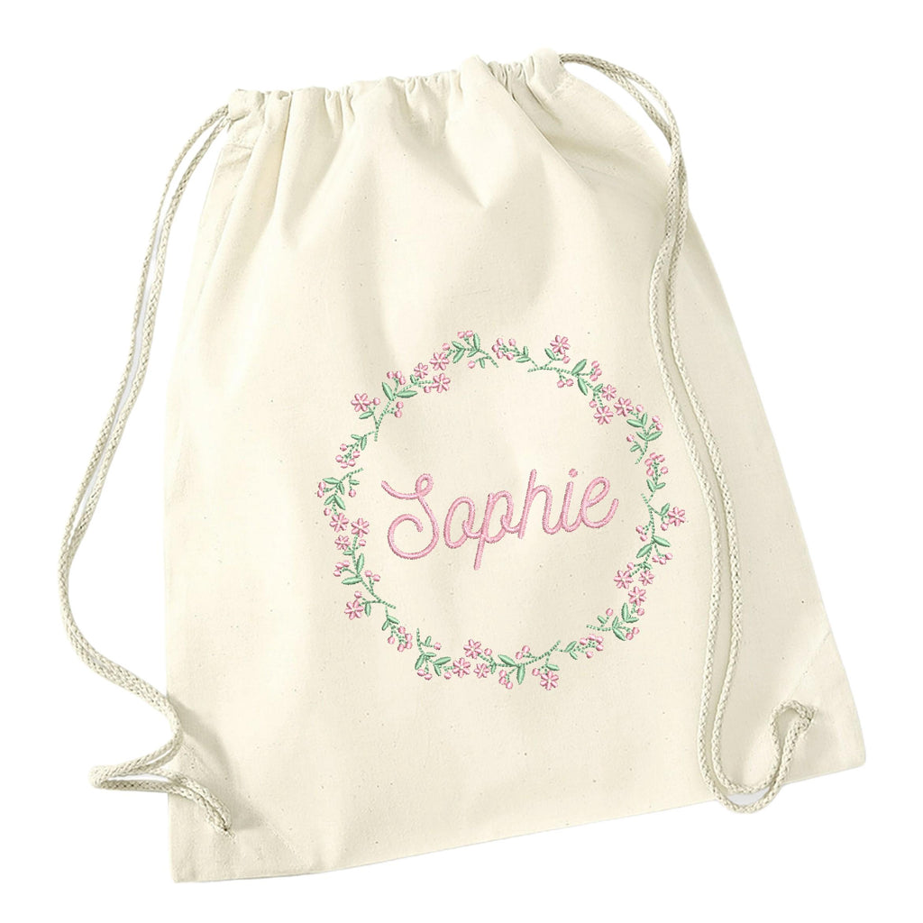 Embroidered Girls Personalised Name Pink Floral Wreath Cotton Gymsac Custom Text School PE Bag Nursery Bag