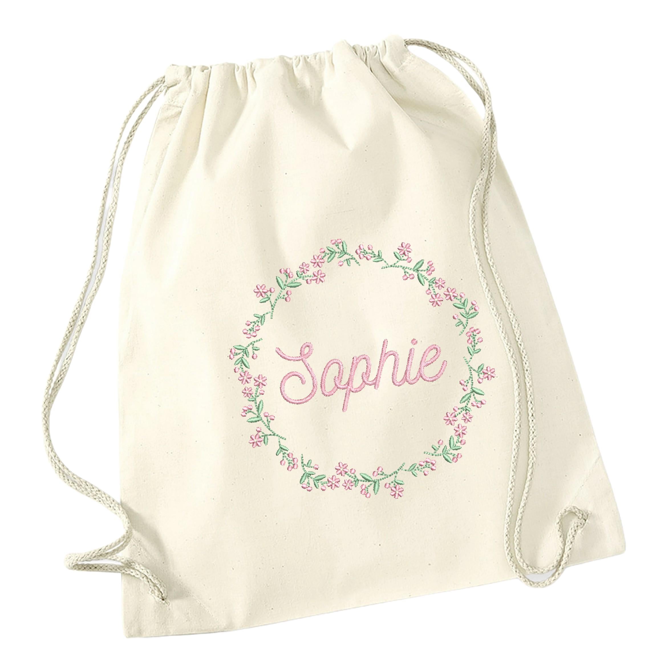 Embroidered Girls Personalised Name Pink Floral Wreath Cotton Gymsac Custom Text School PE Bag Nursery Bag