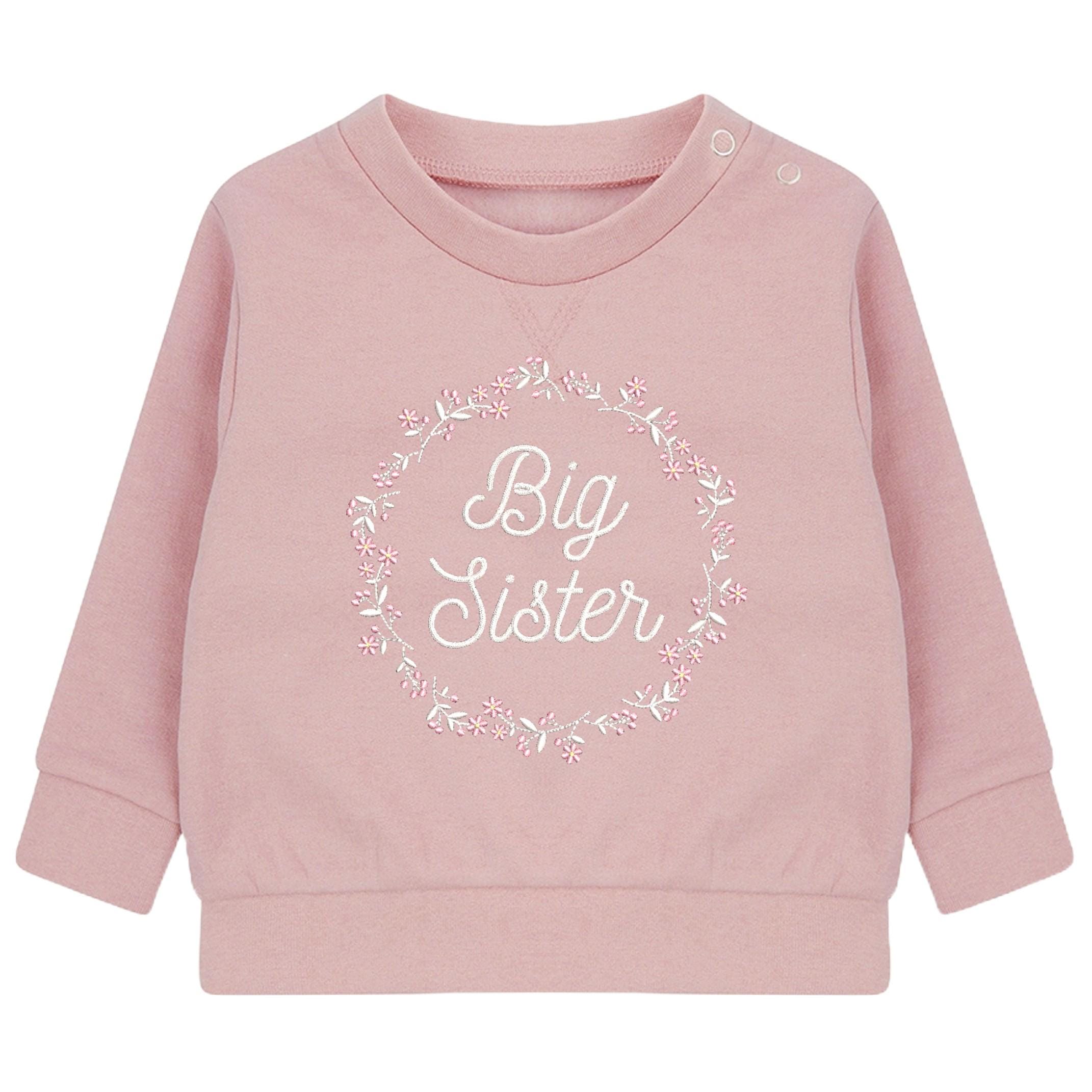 Embroidered Big & Little Sister Floral Wreath Girls Sustainable Sweatshirts Baby and Toddler Pink Matching New Siblings