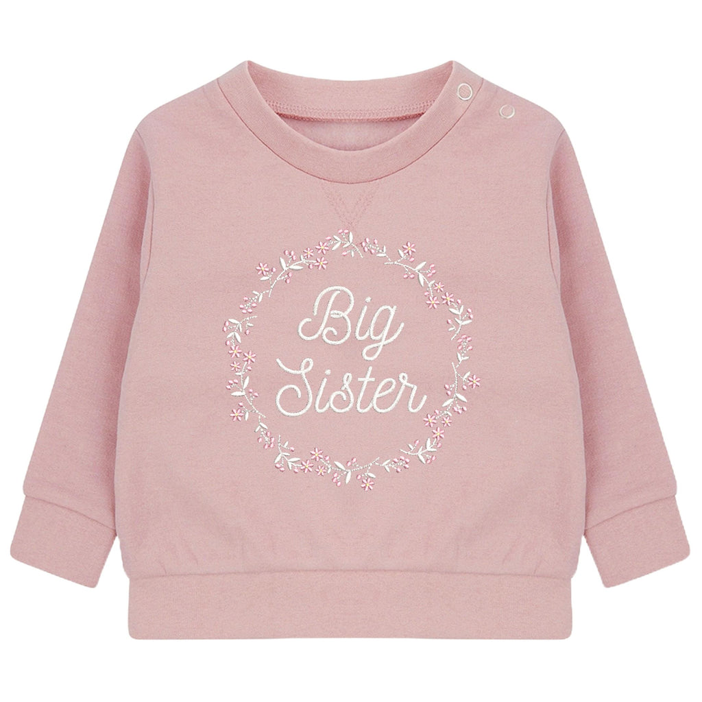 Embroidered Big & Little Sister Floral Wreath Girls Sustainable Sweatshirts Baby and Toddler Pink Matching New Siblings
