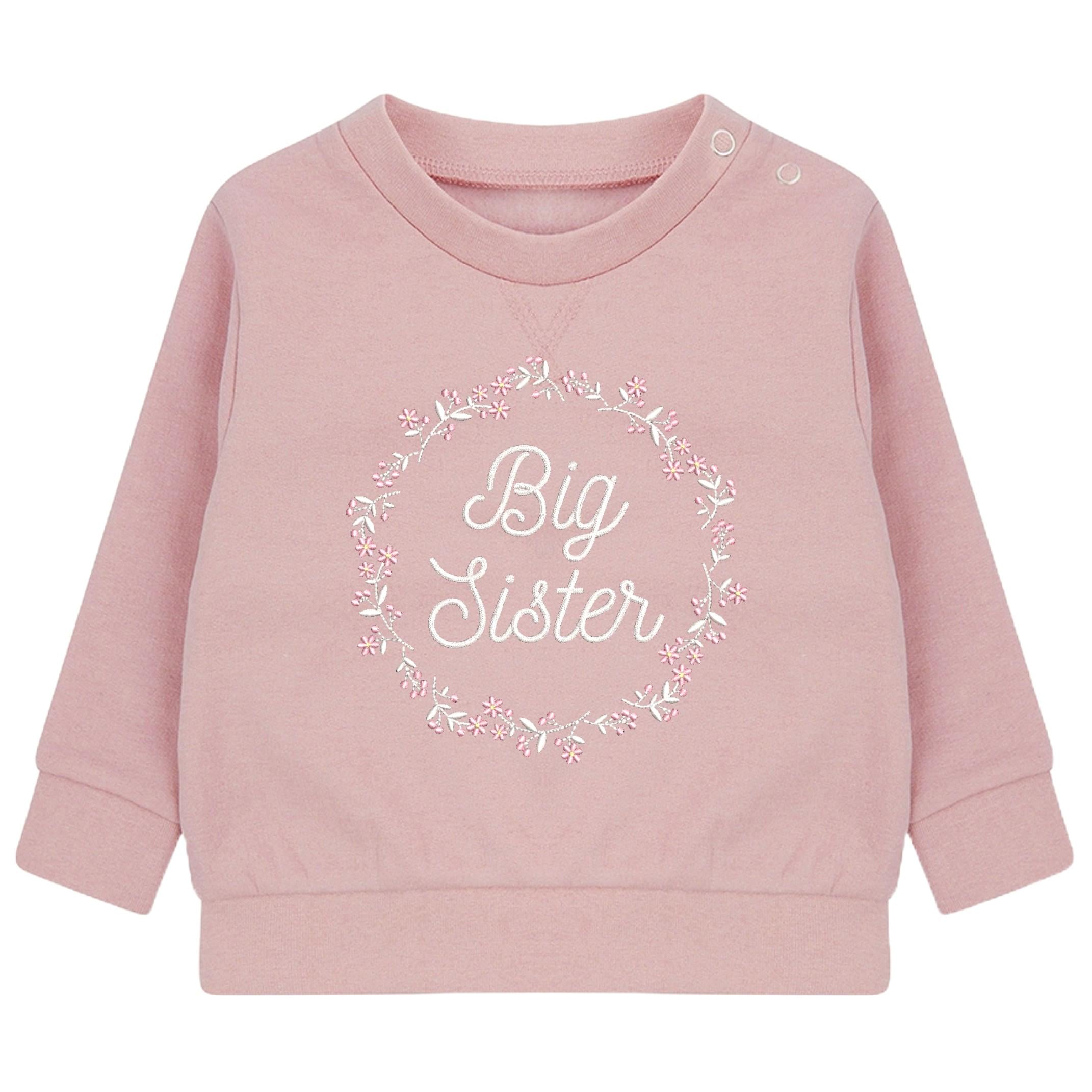 Embroidered Big & Little Sister Floral Wreath Girls Sustainable Sweatshirts Baby and Toddler Pink Matching New Siblings
