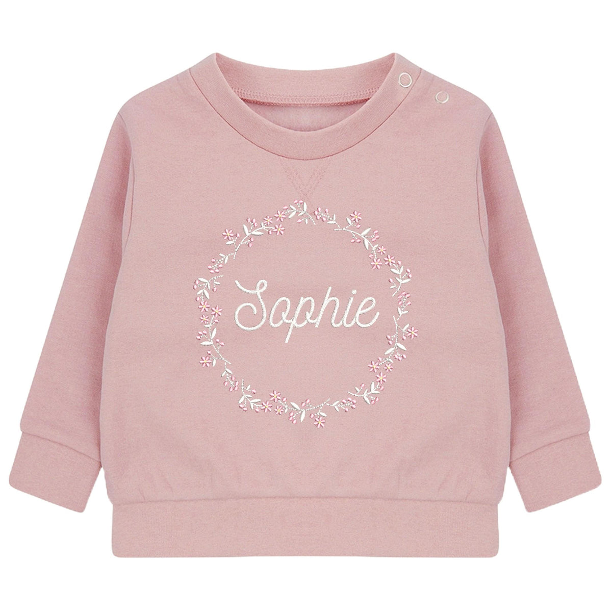 Embroidered Personalised Name Pink Floral Wreath Sustainable Sweatshirts Girls Baby Toddler Custom Jumper Gift