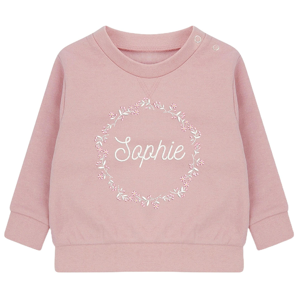 Embroidered Personalised Name Pink Floral Wreath Sustainable Sweatshirts Girls Baby Toddler Custom Jumper Gift