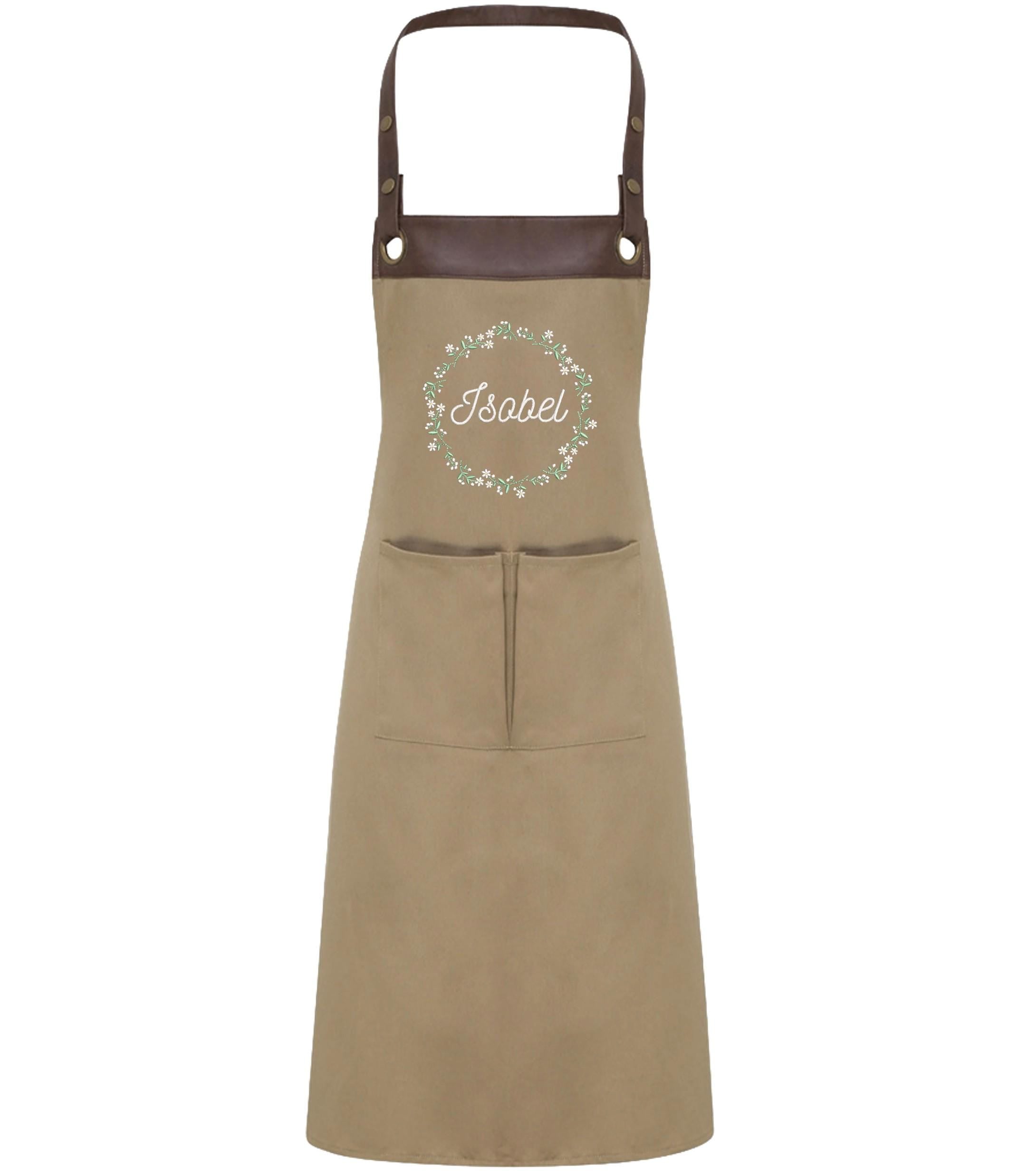 Embroidered Personalised Name Floral Wreath Apron Custom Text Kitchen Baking Gift