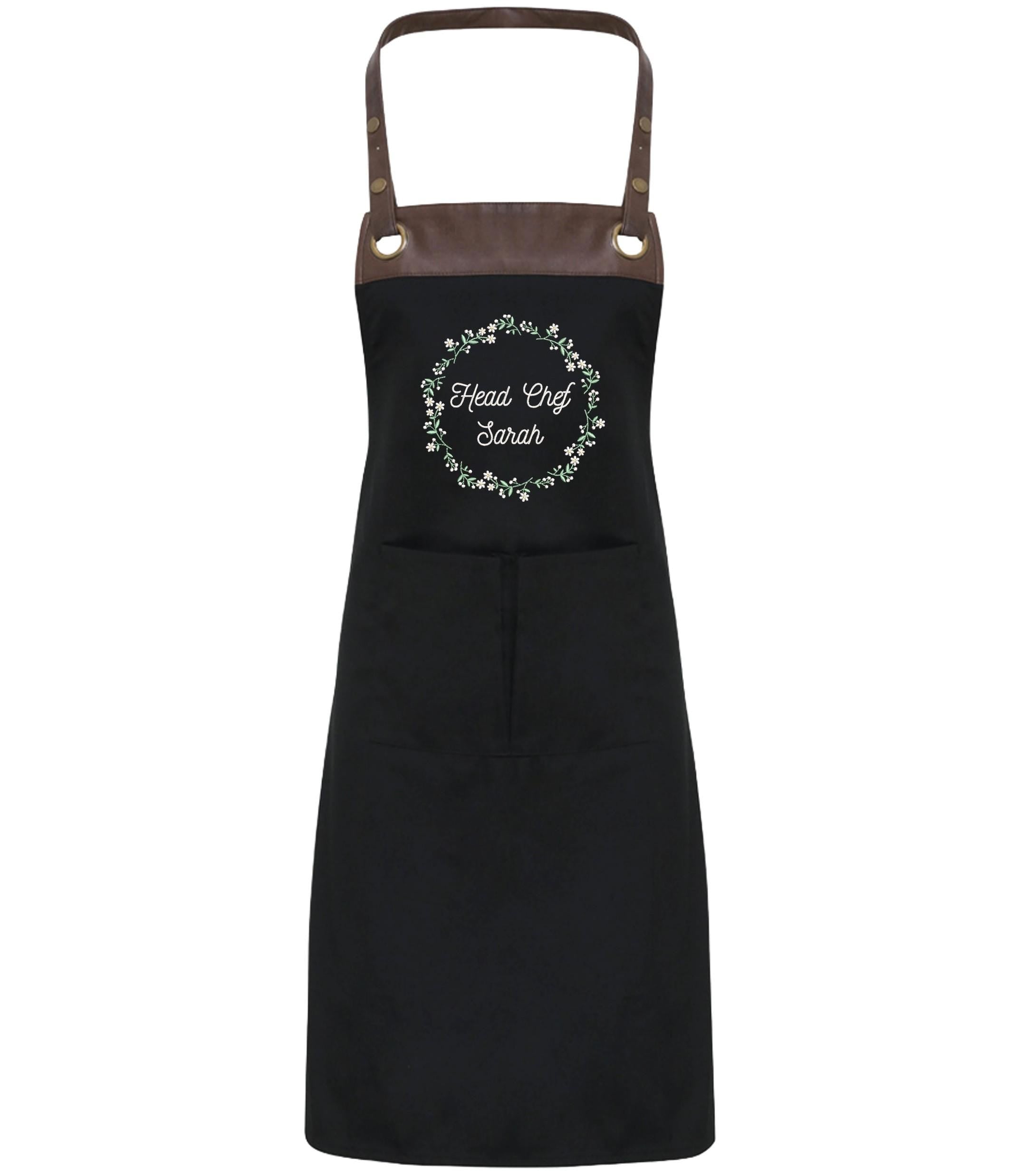Embroidered Personalised Name Floral Wreath Apron Custom Text Kitchen Baking Gift