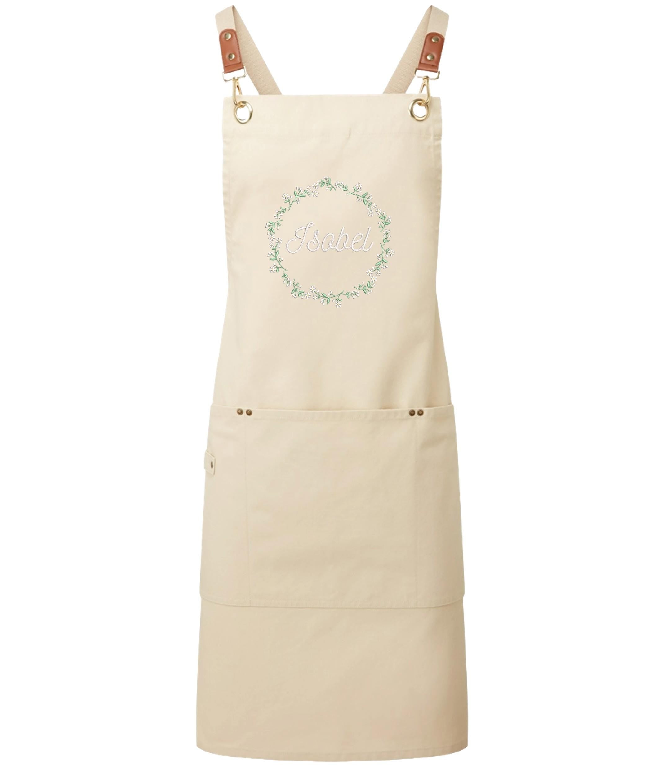 Embroidered Personalised Name Floral Wreath Apron Custom Text Kitchen Baking Gift