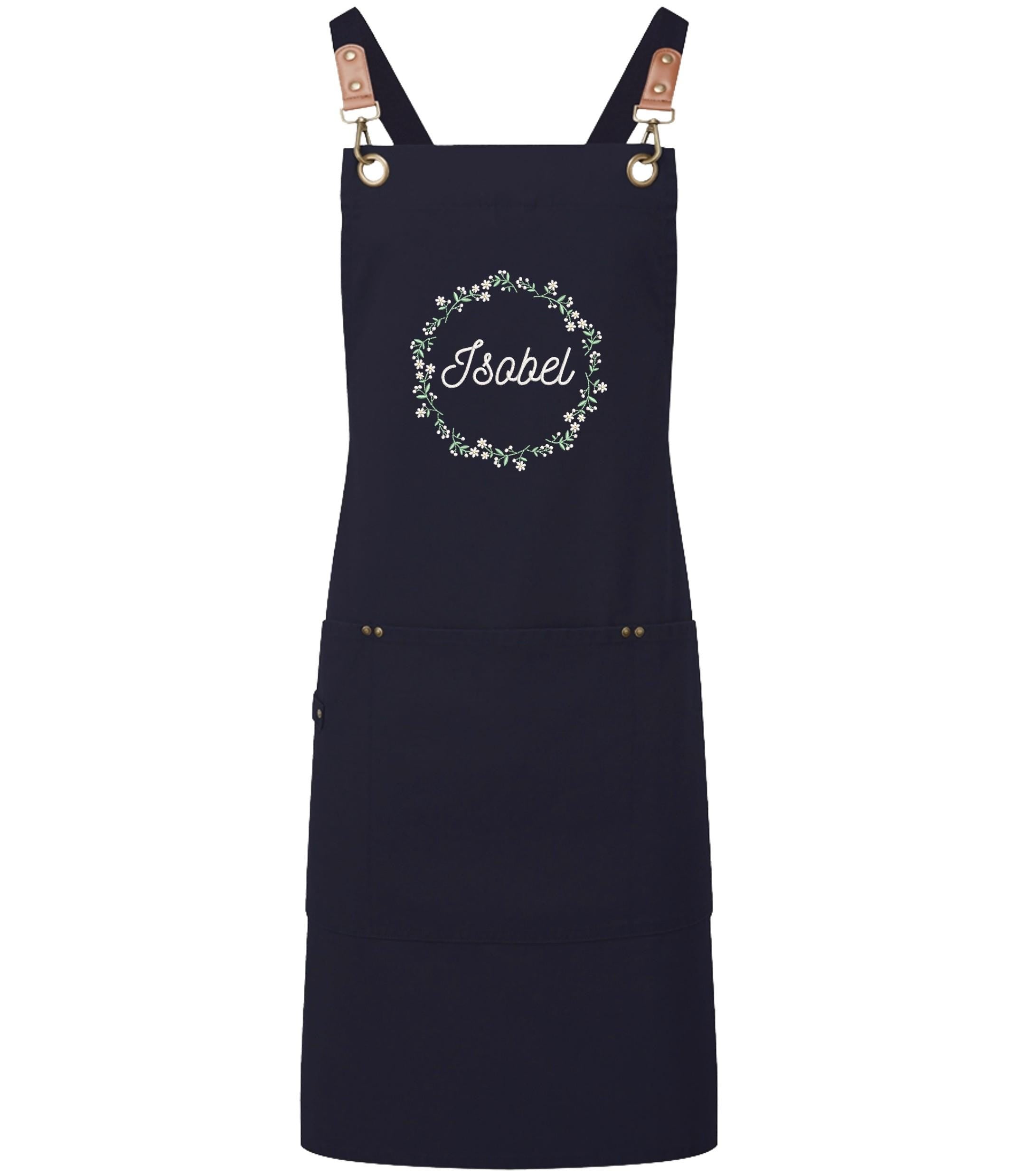 Embroidered Personalised Name Floral Wreath Apron Custom Text Kitchen Baking Gift