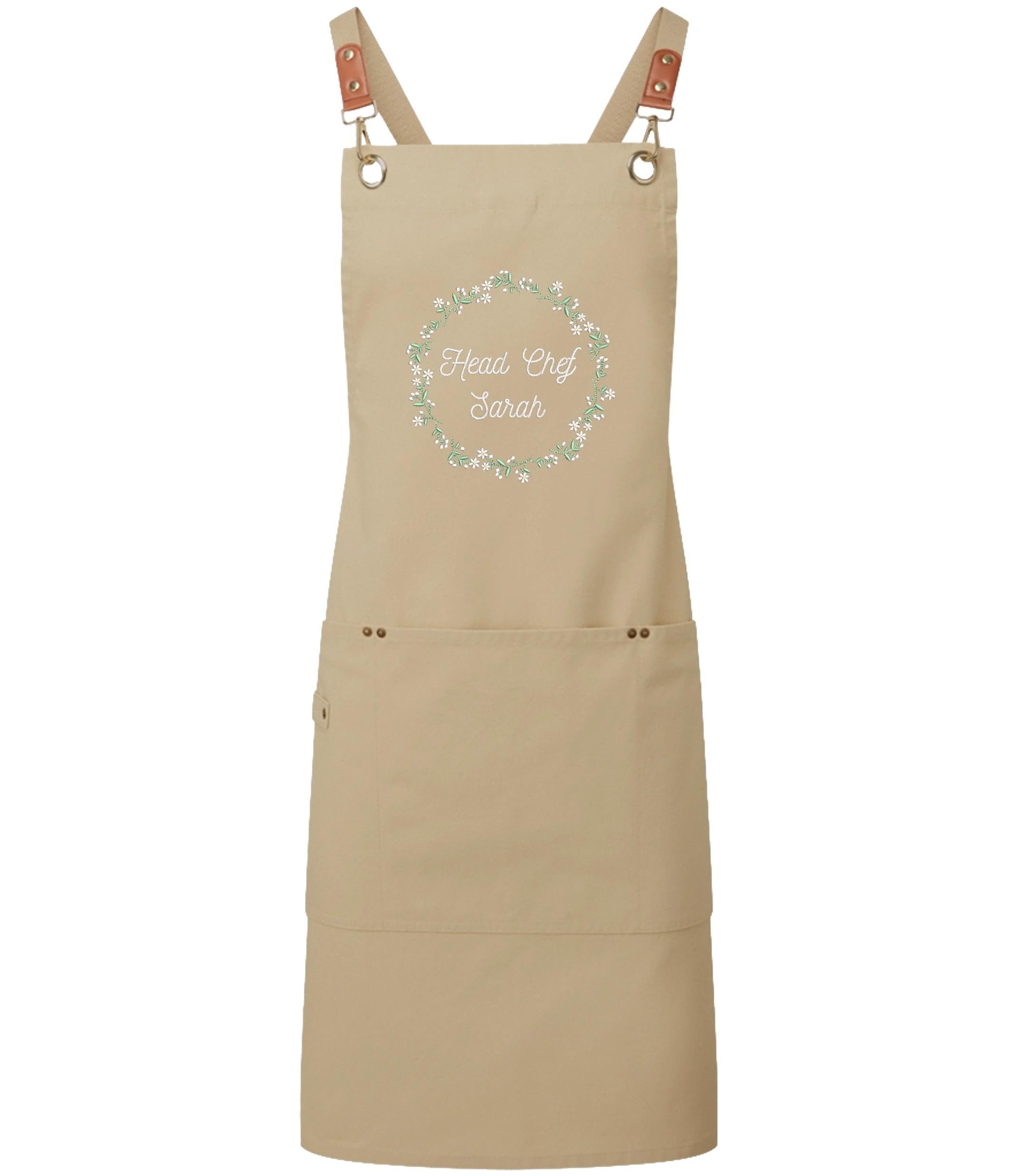 Embroidered Personalised Name Floral Wreath Apron Custom Text Kitchen Baking Gift