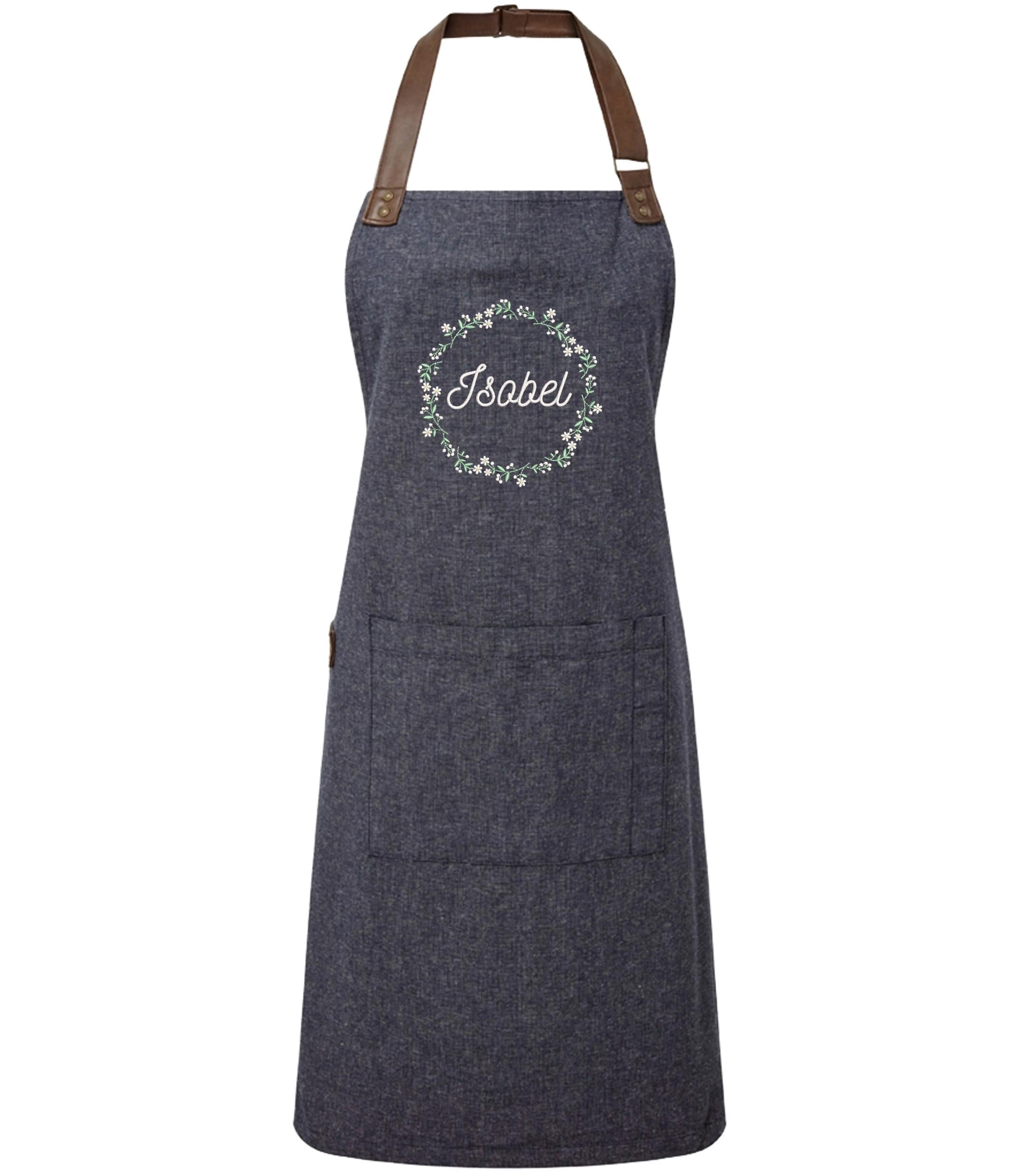 Embroidered Personalised Name Floral Wreath Apron Custom Text Kitchen Baking Gift