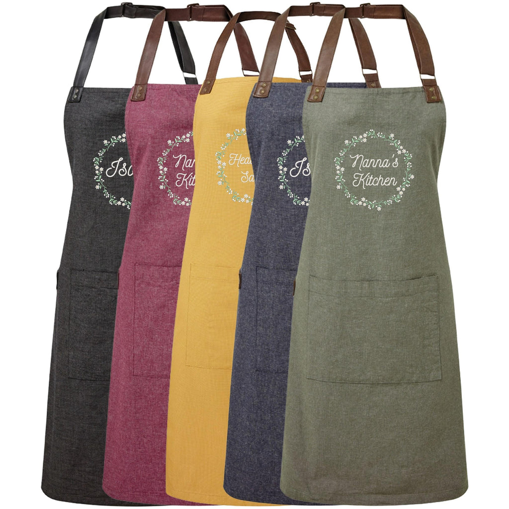 Embroidered Personalised Name Floral Wreath Apron Custom Text Kitchen Baking Gift