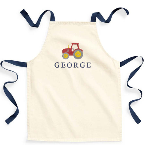 Embroidered Boys Personalised Name Tractor Craft Apron Fairtrade Cotton Kitchen Baking Gift