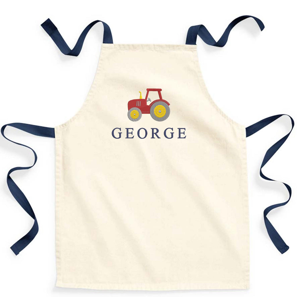 Embroidered Boys Personalised Name Tractor Craft Apron Fairtrade Cotton Kitchen Baking Gift