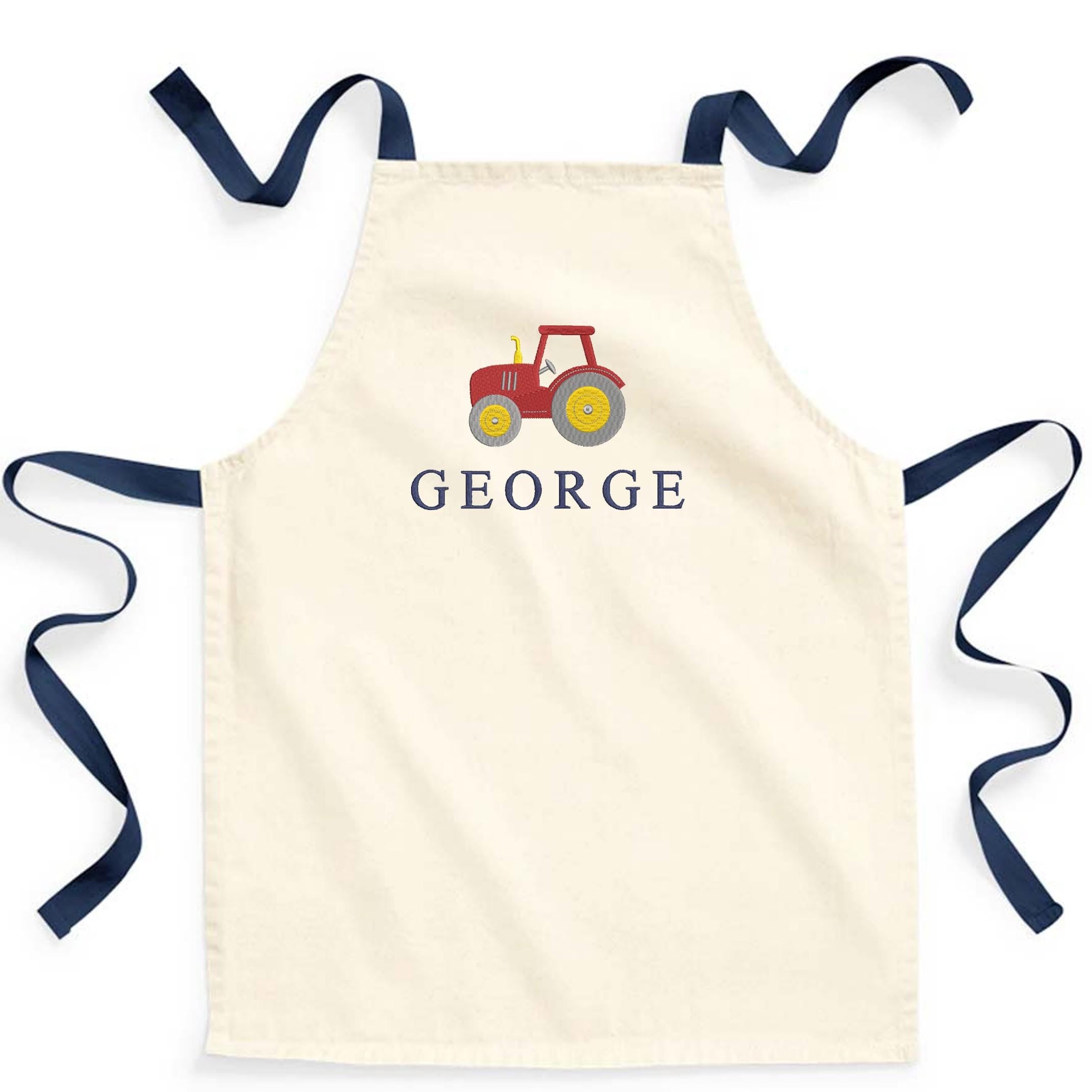Embroidered Boys Personalised Name Tractor Craft Apron Fairtrade Cotton Kitchen Baking Gift