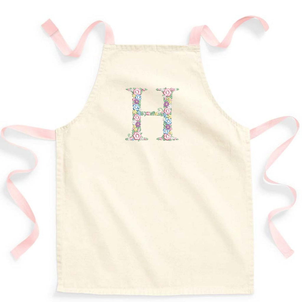 Embroidered Girls Personalised Pink Floral Initial Craft Apron Fairtrade Cotton Kitchen Baking Gift