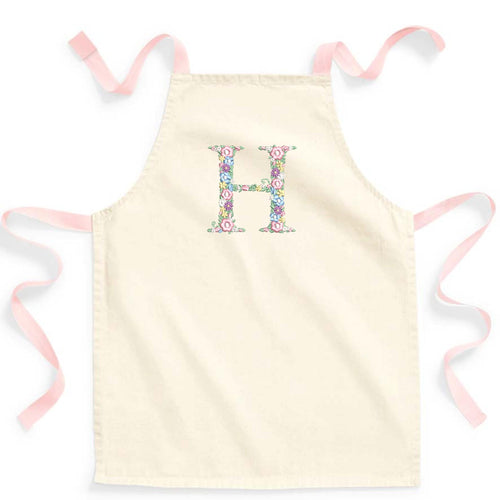 Embroidered Girls Personalised Pink Floral Initial Craft Apron Fairtrade Cotton Kitchen Baking Gift