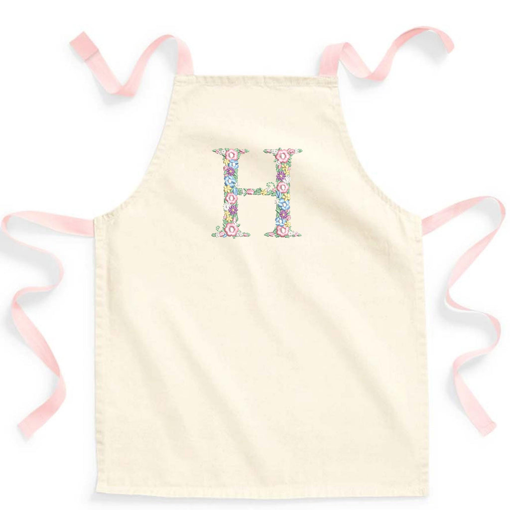 Embroidered Girls Personalised Pink Floral Initial Craft Apron Fairtrade Cotton Kitchen Baking Gift