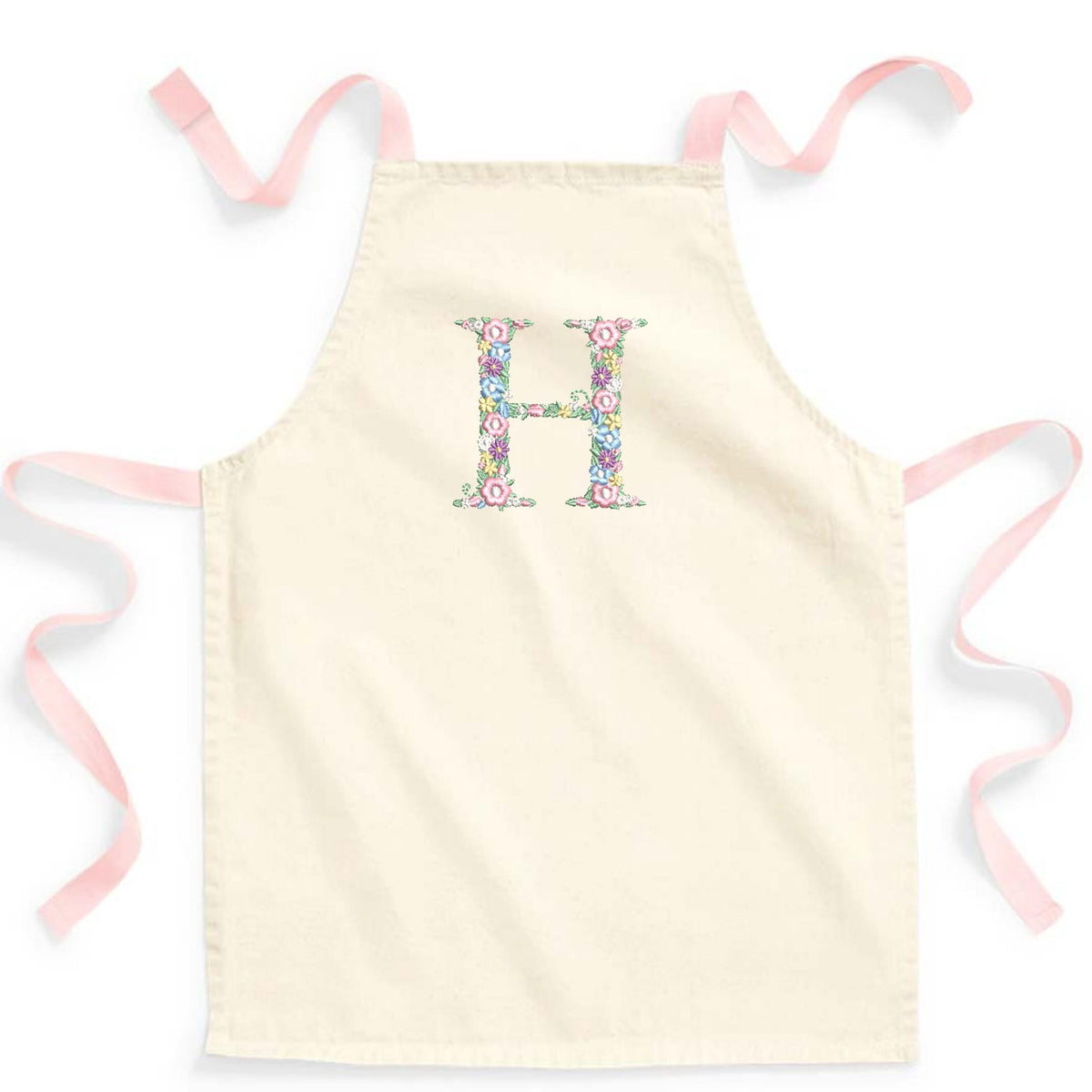Embroidered Girls Personalised Pink Floral Initial Craft Apron Fairtrade Cotton Kitchen Baking Gift