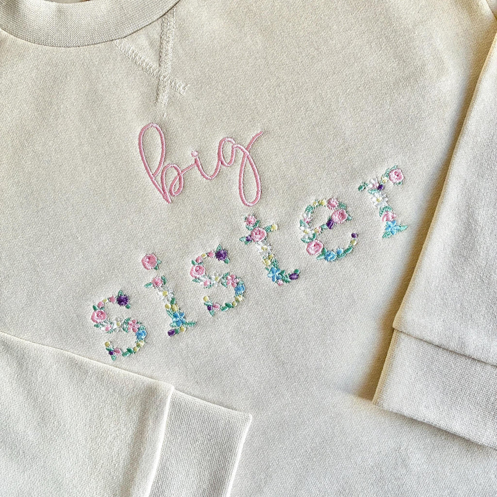 Embroidered Floral Big & Little Sister Girls Sustainable Sweatshirts Baby and Toddler Pink Matching New Siblings