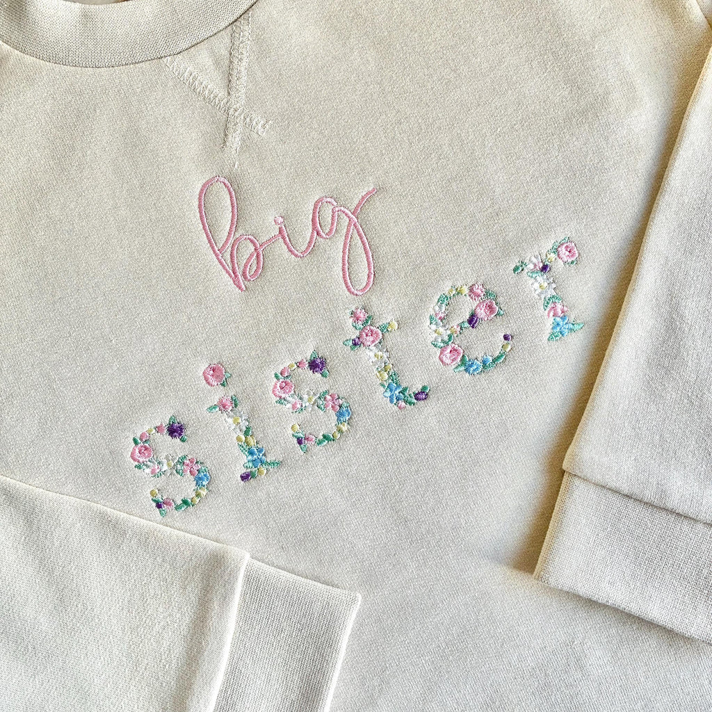 Embroidered Floral Big & Little Sister Girls Sustainable Sweatshirts Baby and Toddler Pink Matching New Siblings