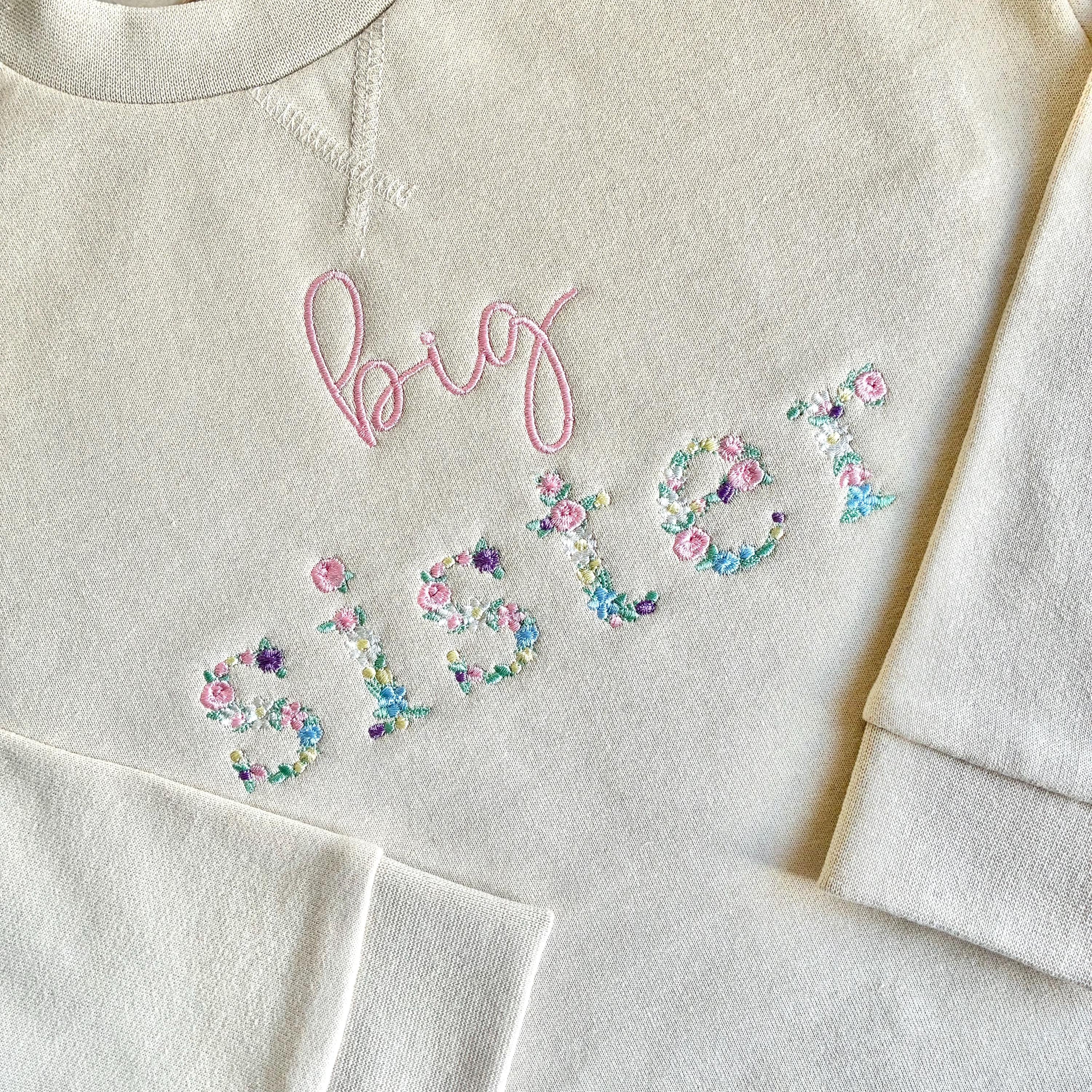 Embroidered Floral Big & Little Sister Girls Sustainable Sweatshirts Baby and Toddler Pink Matching New Siblings
