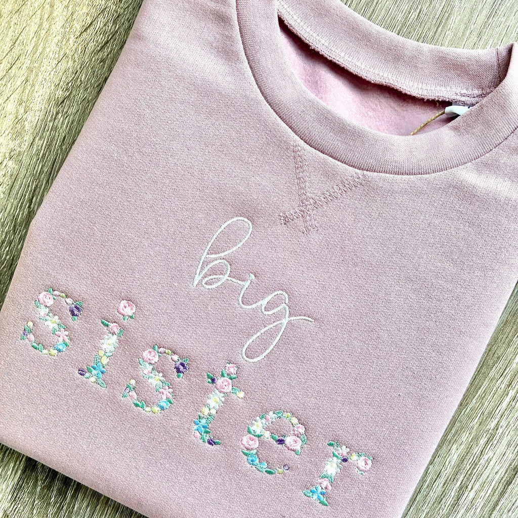 Embroidered Floral Big & Little Sister Girls Sustainable Sweatshirts Baby and Toddler Pink Matching New Siblings