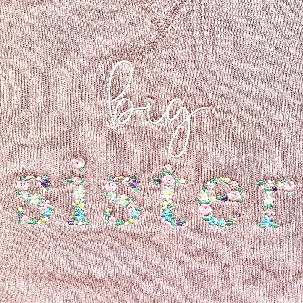 Embroidered Floral Big & Little Sister Girls Sustainable Sweatshirts Baby and Toddler Pink Matching New Siblings