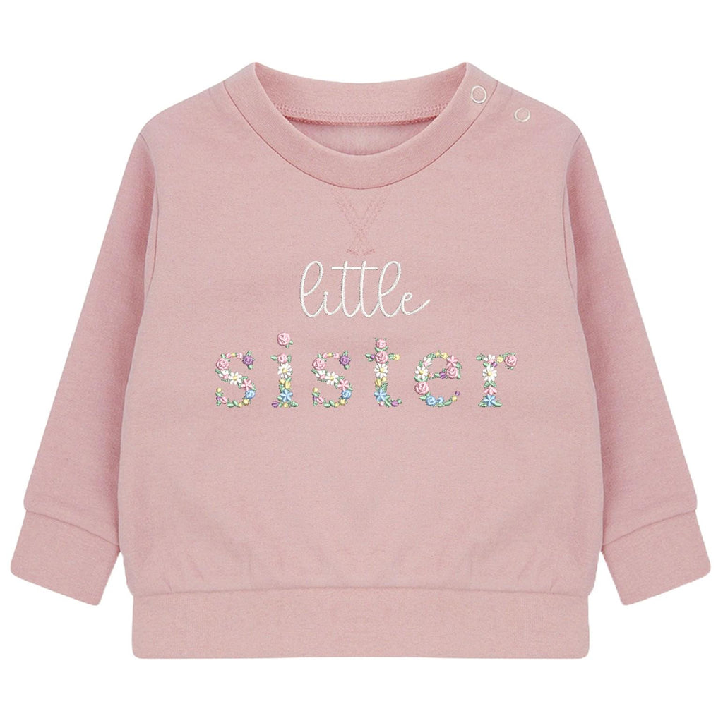 Embroidered Floral Big & Little Sister Girls Sustainable Sweatshirts Baby and Toddler Pink Matching New Siblings