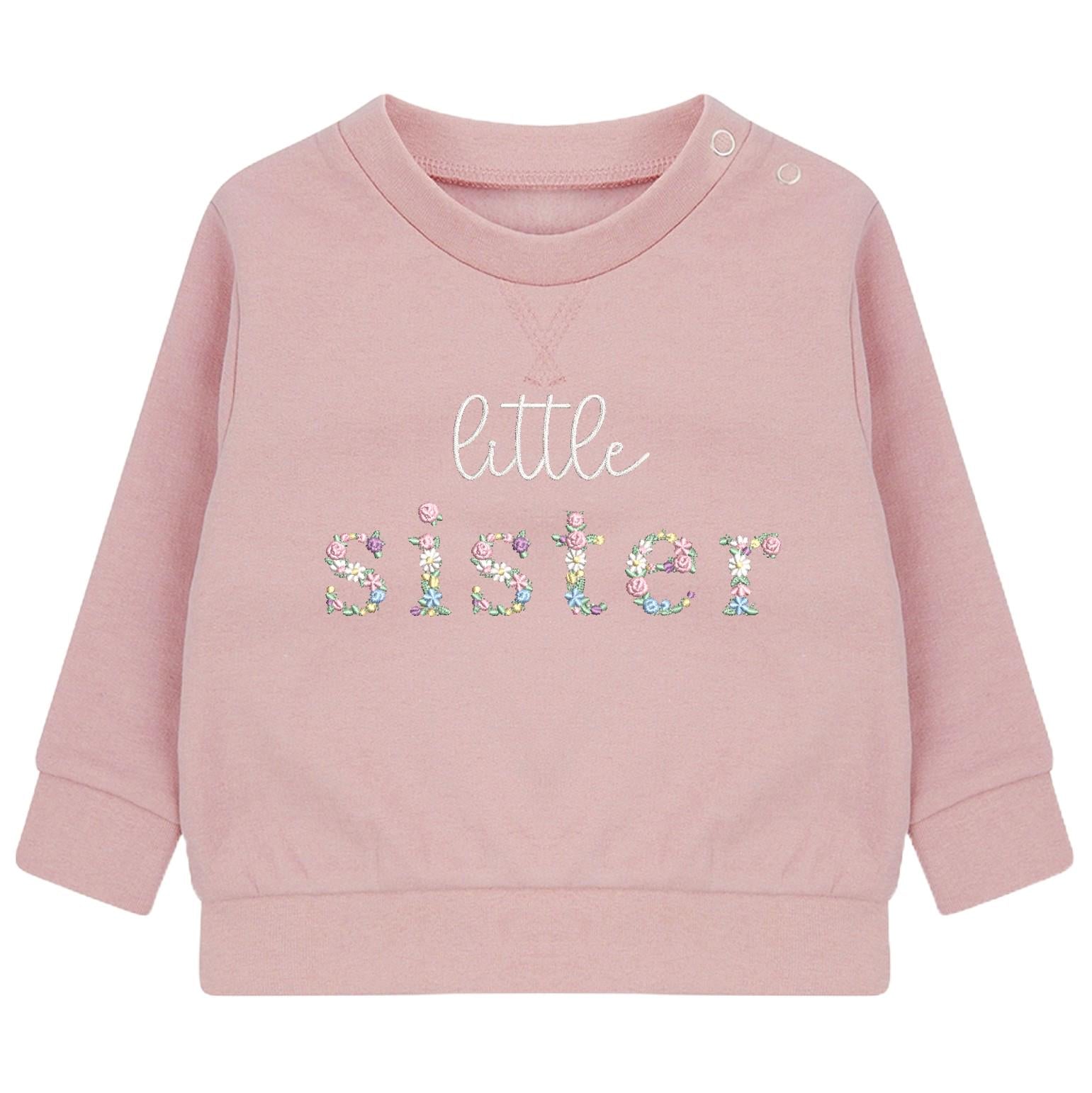 Embroidered Floral Big & Little Sister Girls Sustainable Sweatshirts Baby and Toddler Pink Matching New Siblings