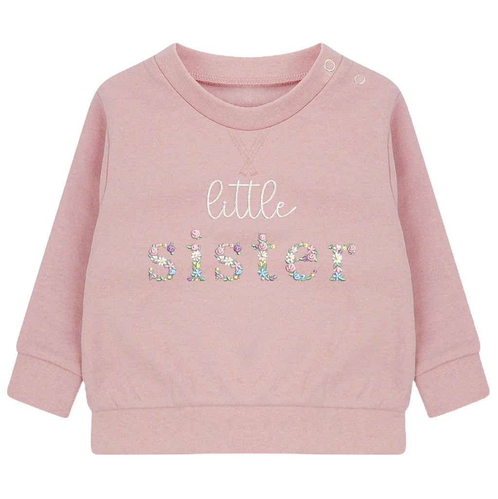 Embroidered Floral Big & Little Sister Girls Sustainable Sweatshirts Baby and Toddler Pink Matching New Siblings