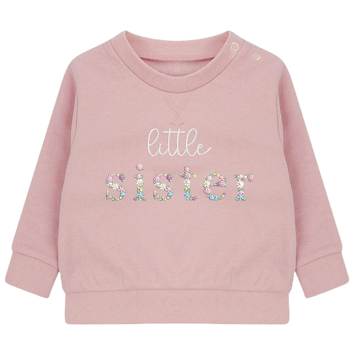 Embroidered Floral Big & Little Sister Girls Sustainable Sweatshirts Baby and Toddler Pink Matching New Siblings