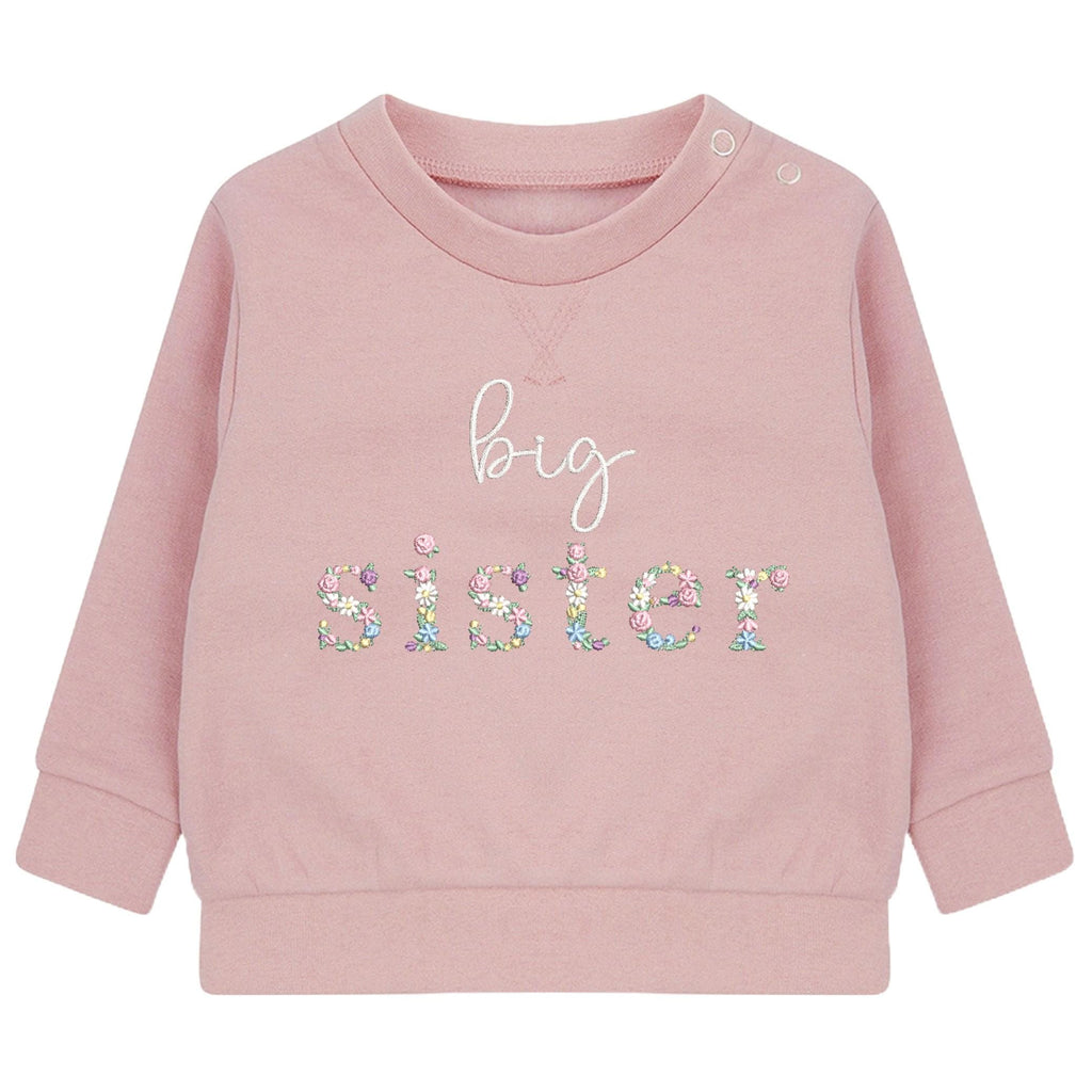 Embroidered Floral Big & Little Sister Girls Sustainable Sweatshirts Baby and Toddler Pink Matching New Siblings