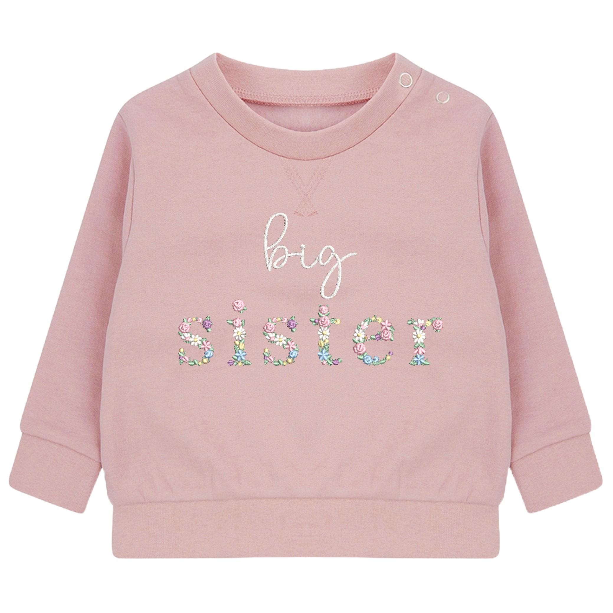 Embroidered Floral Big & Little Sister Girls Sustainable Sweatshirts Baby and Toddler Pink Matching New Siblings