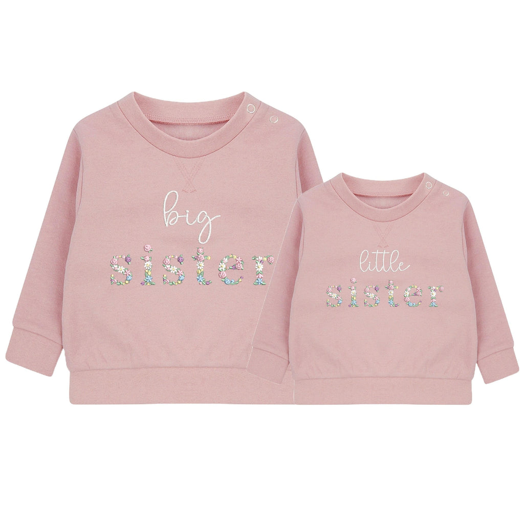 Embroidered Floral Big & Little Sister Girls Sustainable Sweatshirts Baby and Toddler Pink Matching New Siblings