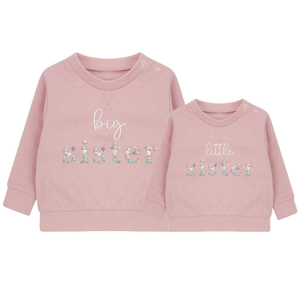 Embroidered Floral Big & Little Sister Girls Sustainable Sweatshirts Baby and Toddler Pink Matching New Siblings