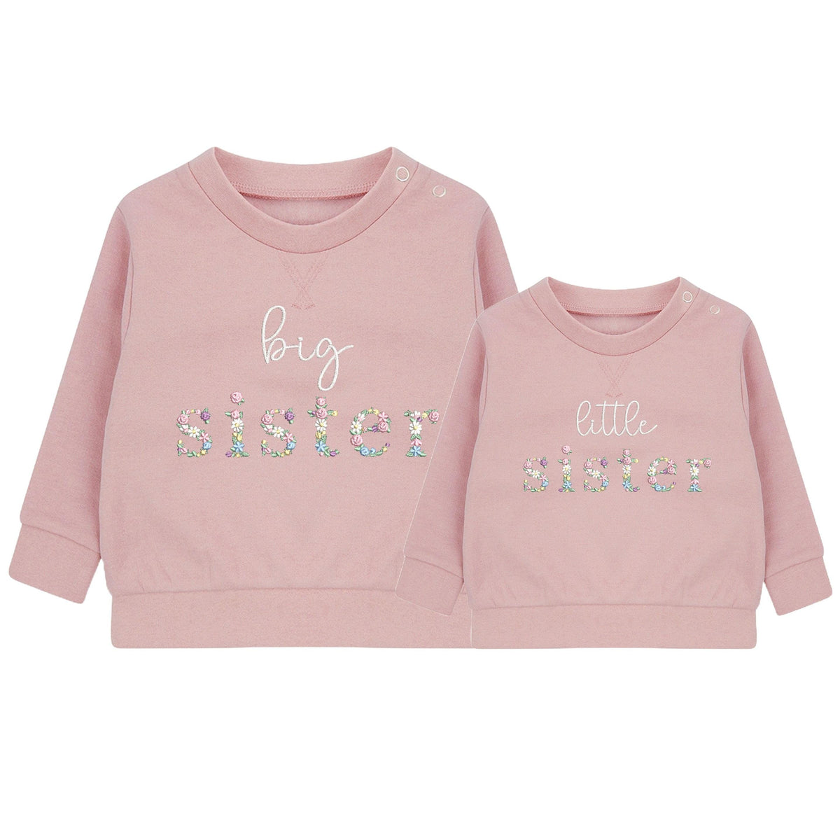 Embroidered Floral Big & Little Sister Girls Sustainable Sweatshirts Baby and Toddler Pink Matching New Siblings