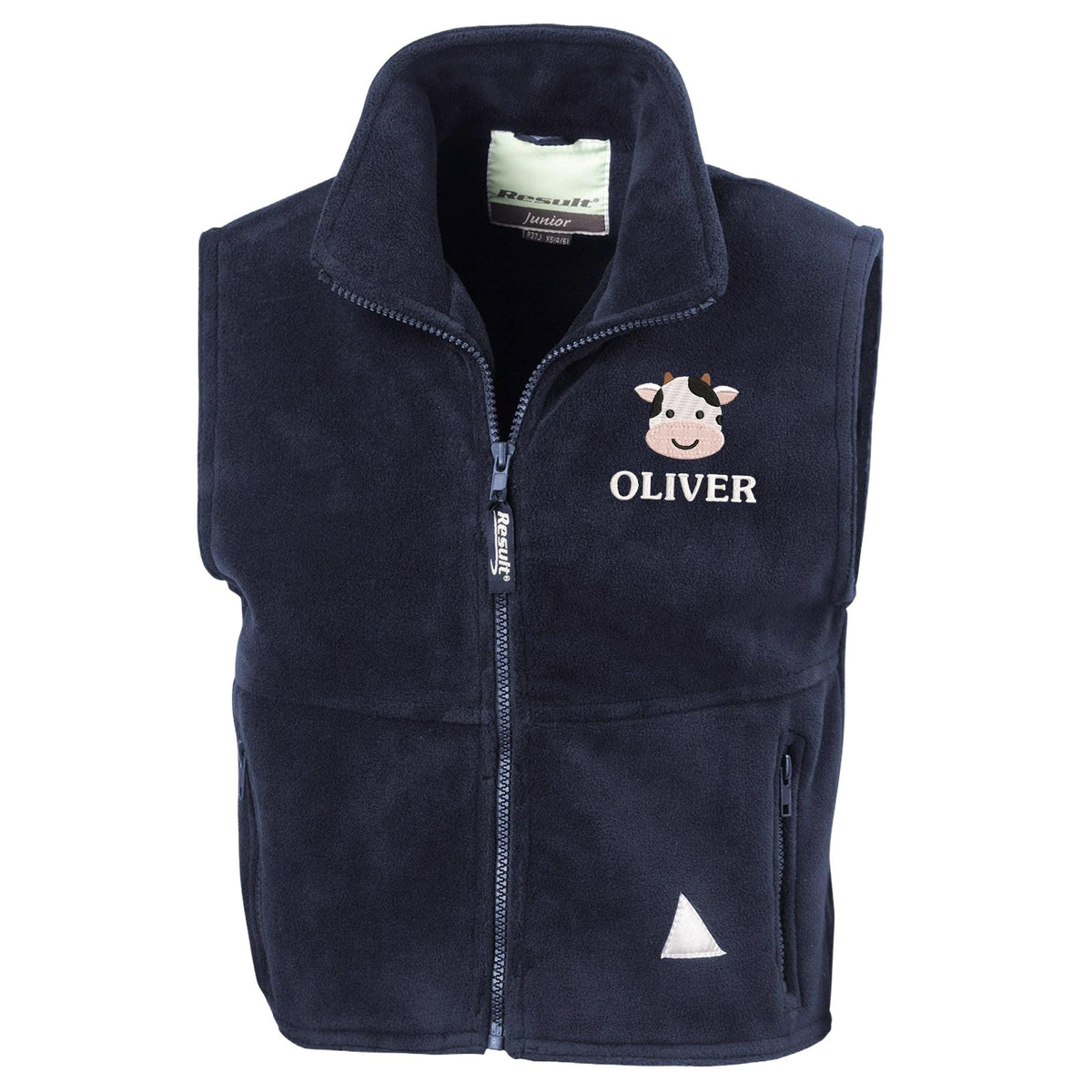 Embroidered Cow Personalised Name Kids Fleece Bodywarmer Jacket Navy Custom Farm Animals Coat