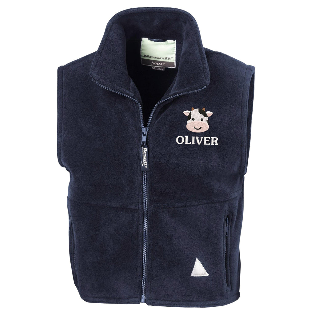 Embroidered Cow Personalised Name Kids Fleece Bodywarmer Jacket Navy Custom Farm Animals Coat