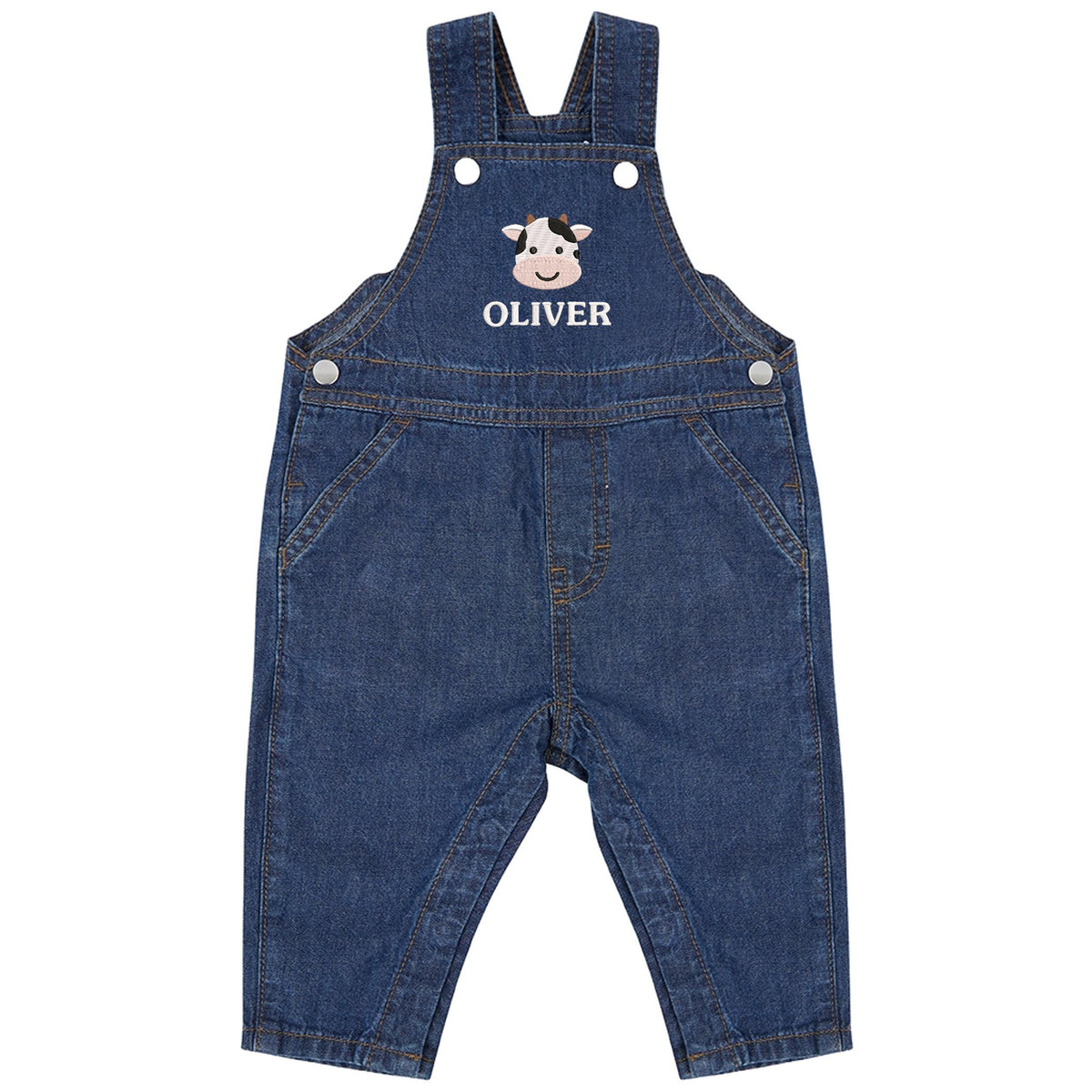 Embroidered Cow Personalised Name Baby & Toddler Cotton Denim Dungarees Custom Farmyard Barn Animals