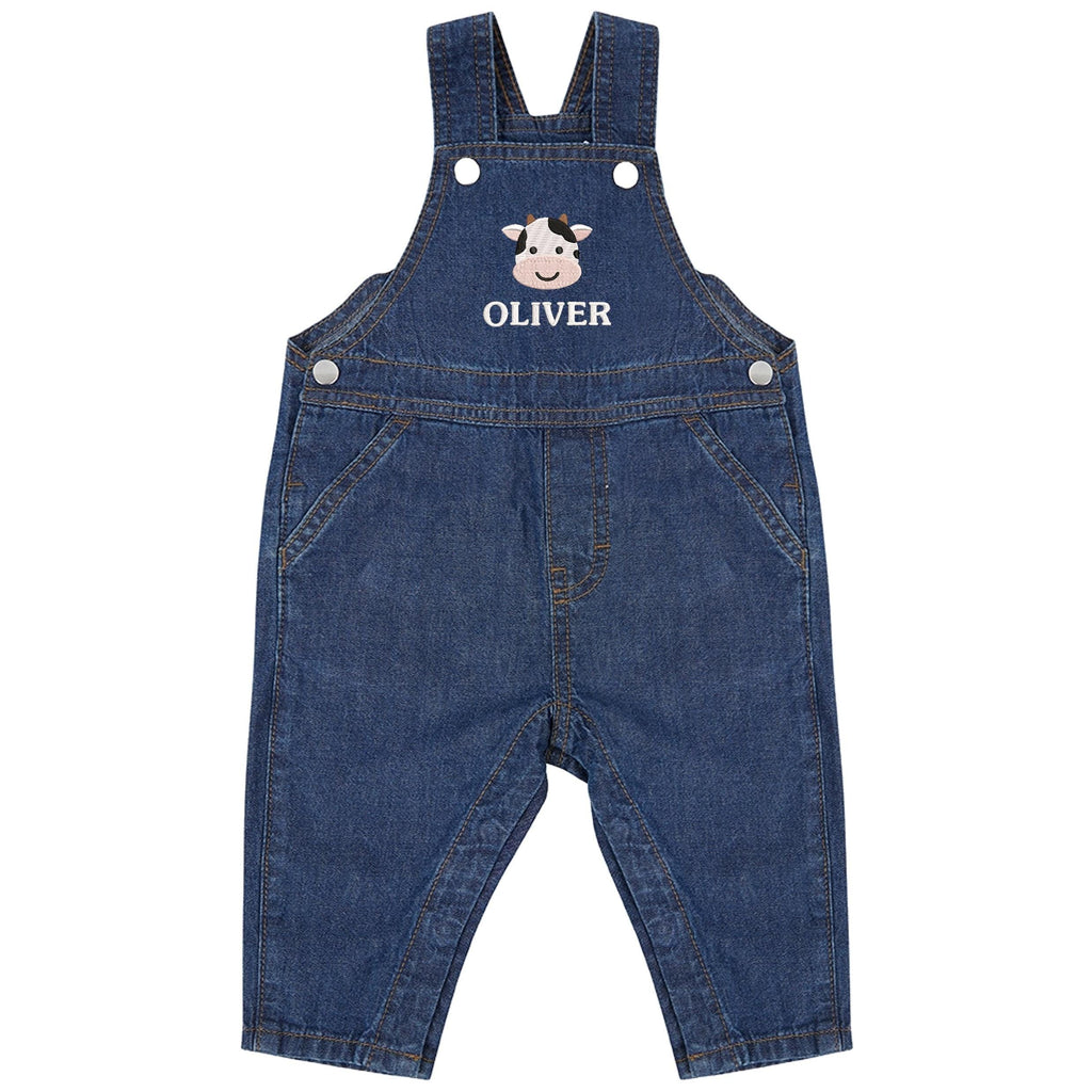 Embroidered Cow Personalised Name Baby & Toddler Cotton Denim Dungarees Custom Farmyard Barn Animals