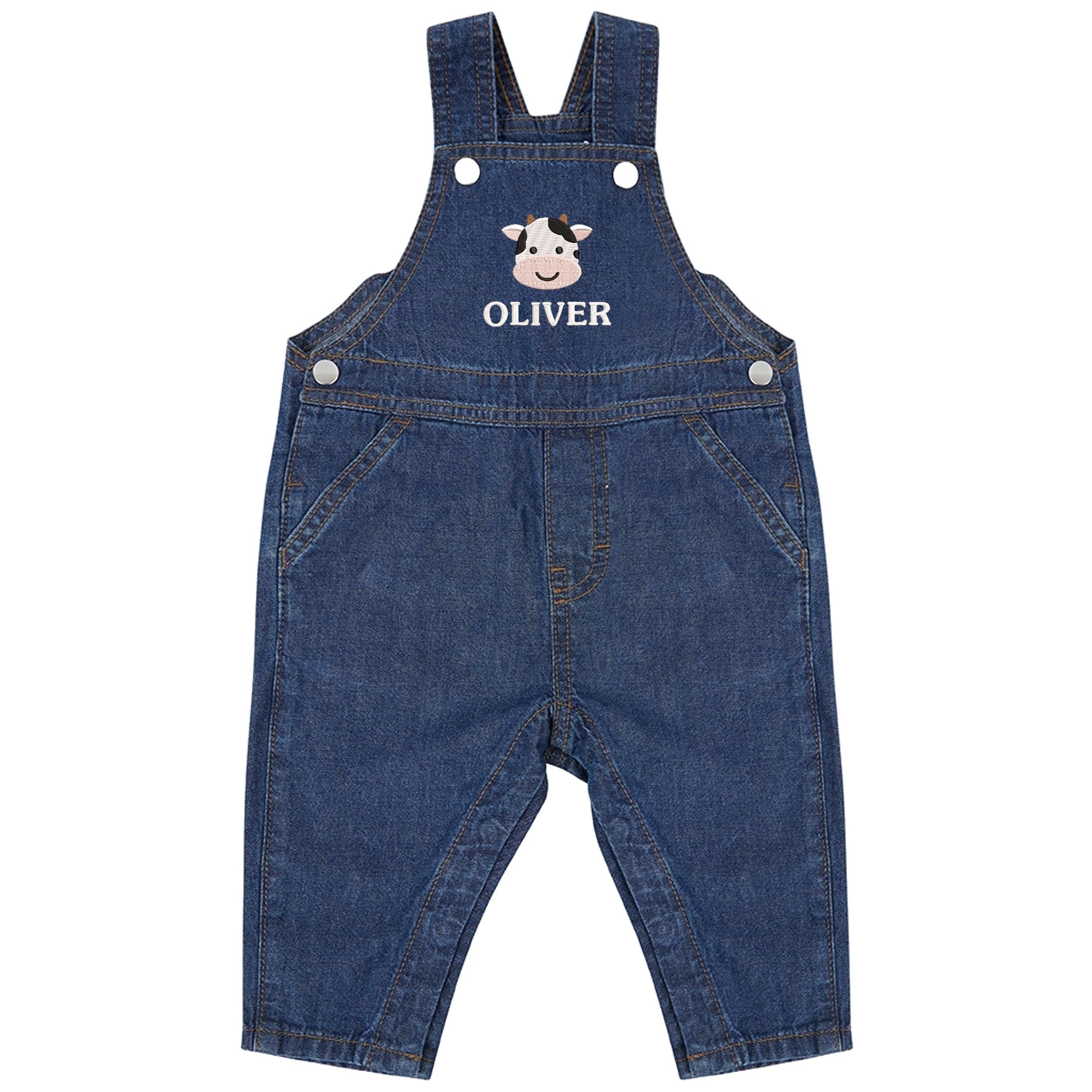 Embroidered Cow Personalised Name Baby & Toddler Cotton Denim Dungarees Custom Farmyard Barn Animals
