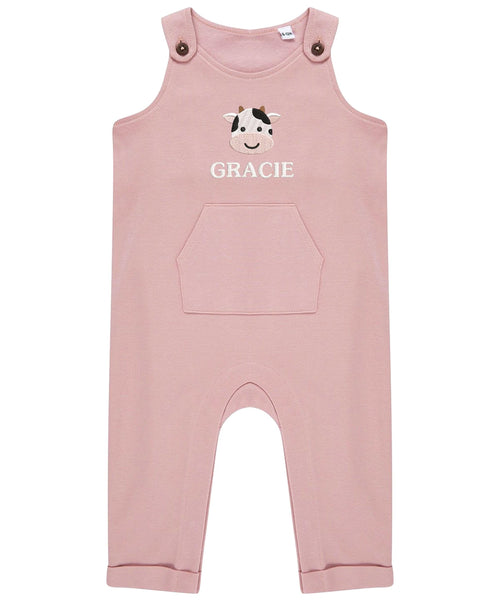 Embroidered Cow Personalised Name Baby & Toddler Organic Cotton Dungarees Custom Farmyard Barn Animals