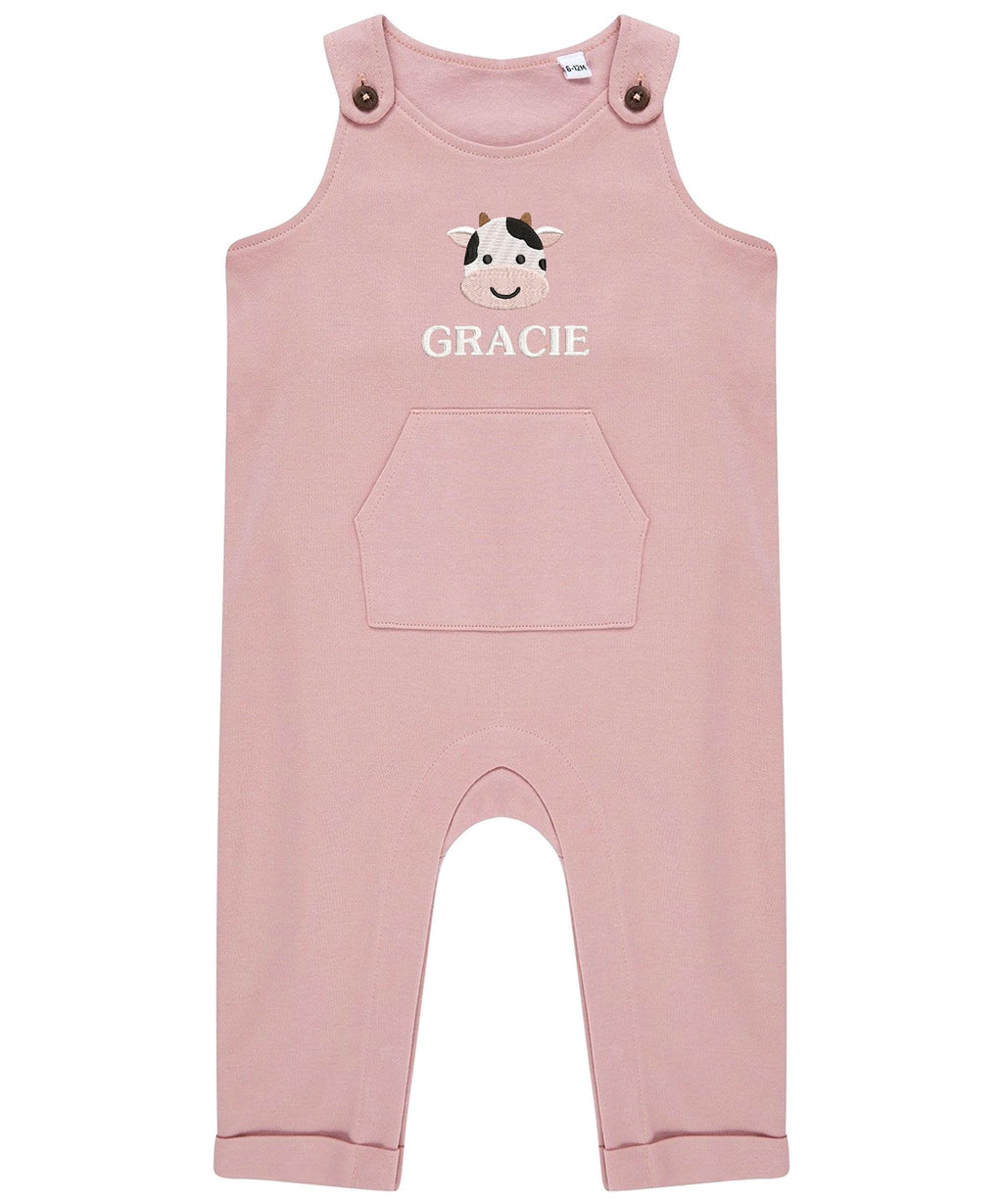 Embroidered Cow Personalised Name Baby & Toddler Organic Cotton Dungarees Custom Farmyard Barn Animals