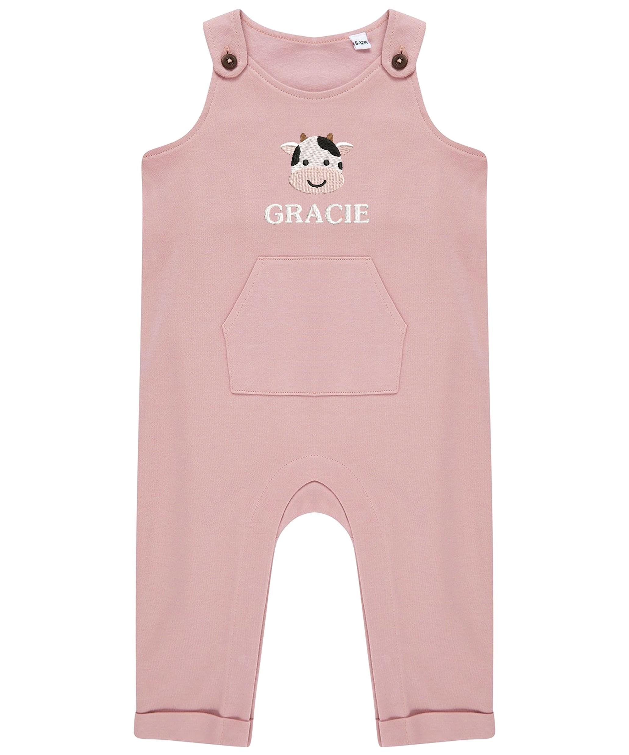 Embroidered Cow Personalised Name Baby & Toddler Organic Cotton Dungarees Custom Farmyard Barn Animals