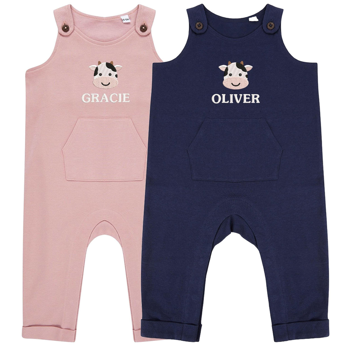 Embroidered Cow Personalised Name Baby & Toddler Organic Cotton Dungarees Custom Farmyard Barn Animals
